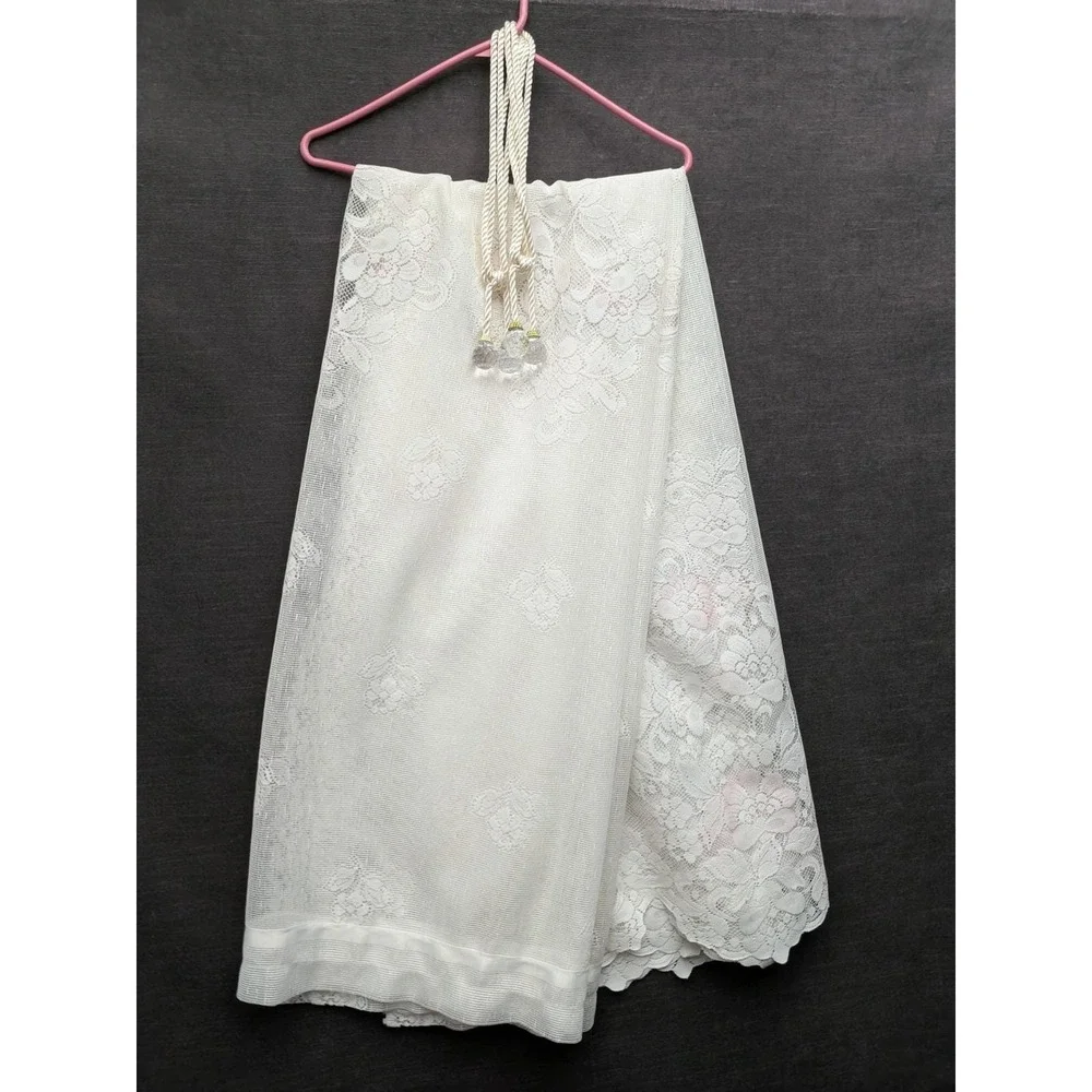 Vintage Lace Curtain Panels White/Pink Roses & 2 Curtain Tiebacks Cottage Core